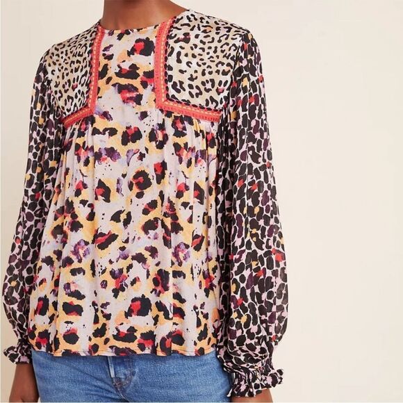 Anthropologie NWOT Bl^nk London Joelle Embroider Leopard peasant blouse XS $128 - Picture 1 of 12